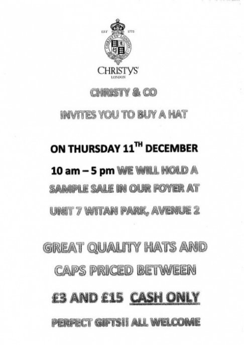 Xmas Sample Sale Christys' Hats