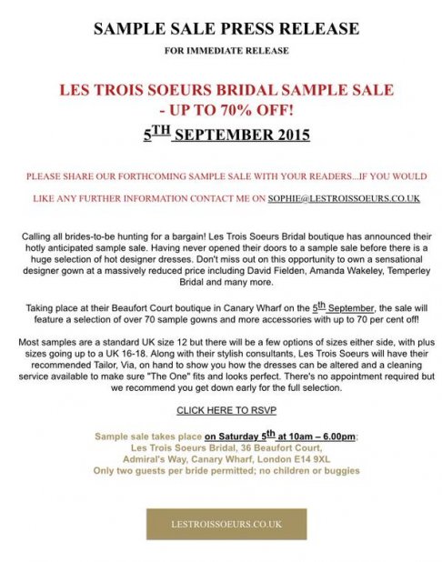 Les Trois Soeurs bridal boutique  sample sale