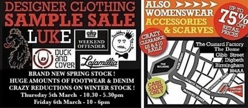 Designer clothing sample sale @ The Custard Factory